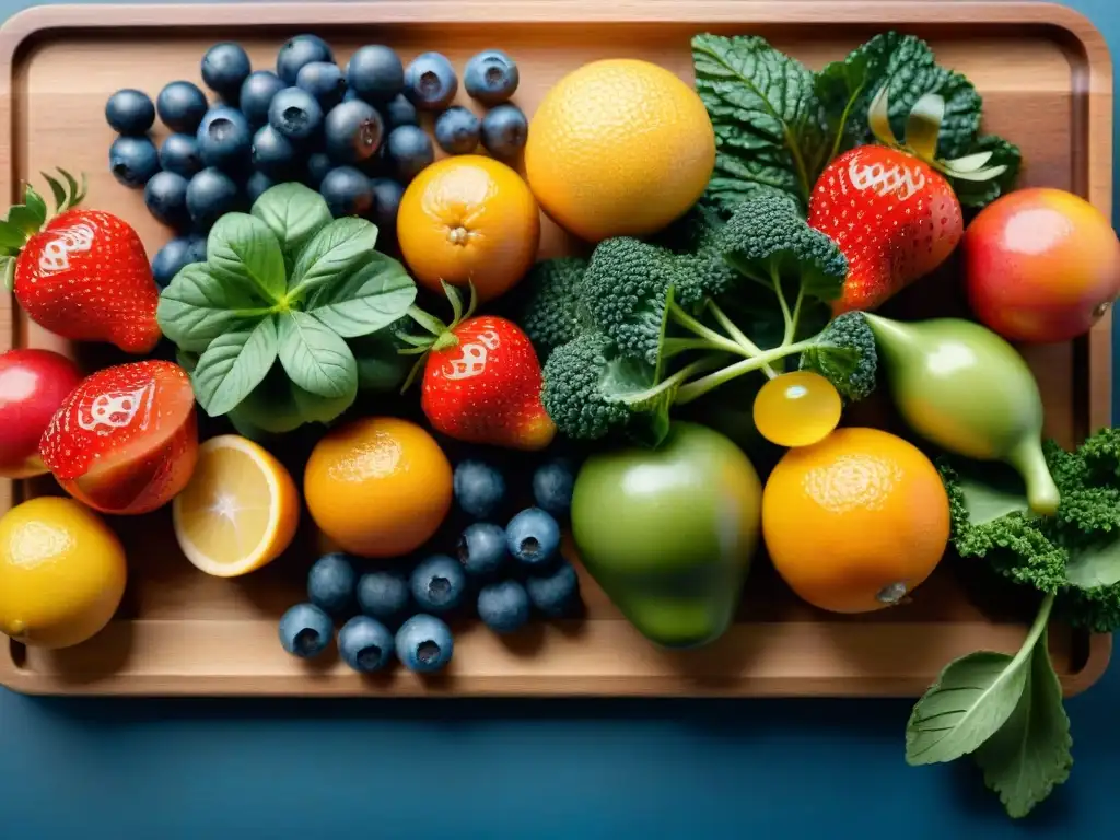 Una colorida selección de frutas y verduras frescas en tabla de madera, perfectas para batidos glutenfree