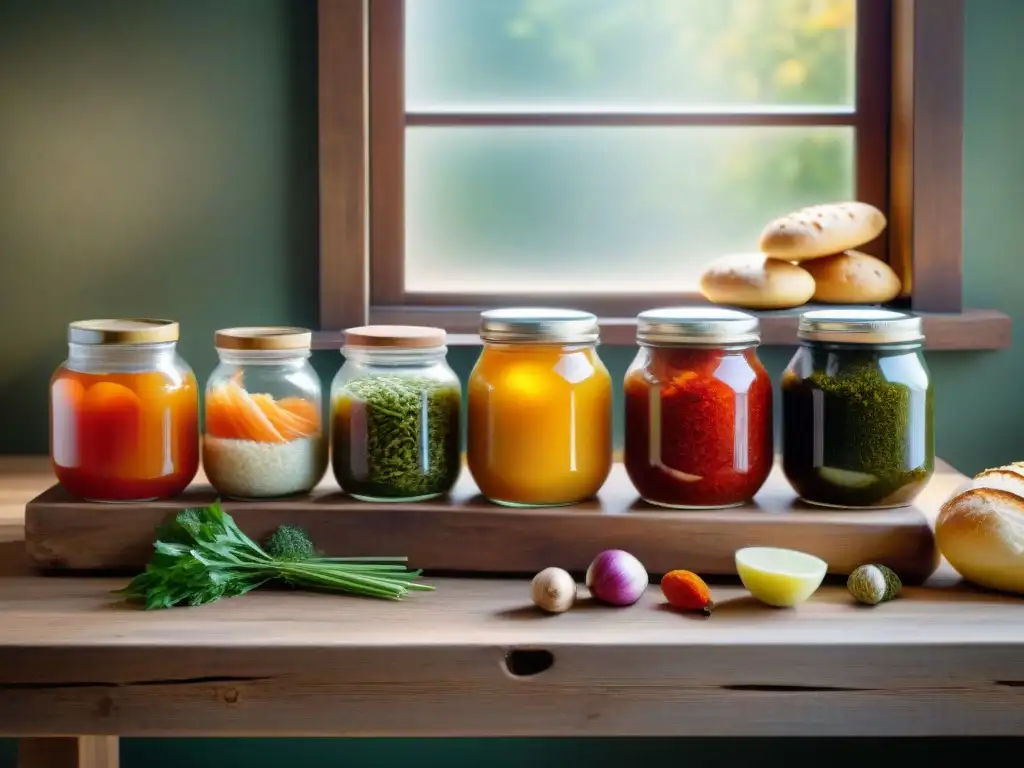 Una colorida variedad de alimentos fermentados en una mesa rústica de madera, resaltando los probióticos sin gluten para salud