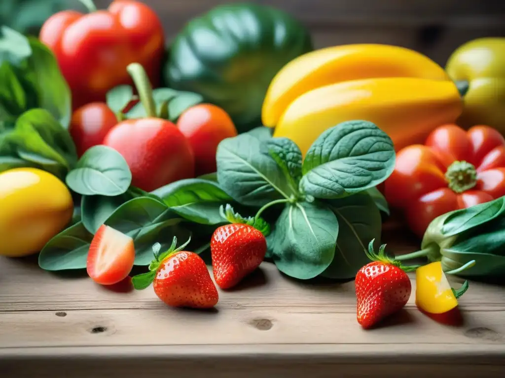 Colorida variedad de frutas y verduras frescas en mesa rústica