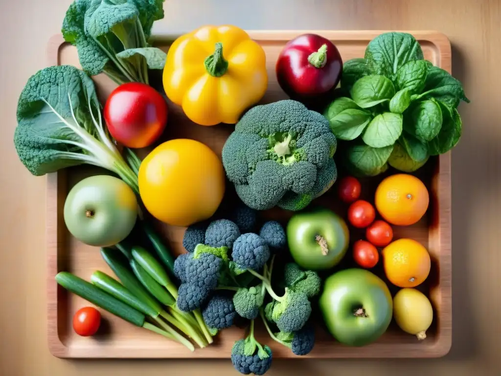 Una colorida variedad de frutas y verduras frescas sobre tabla de cortar de madera, reflejando la frescura de ingredientes para dieta sin gluten