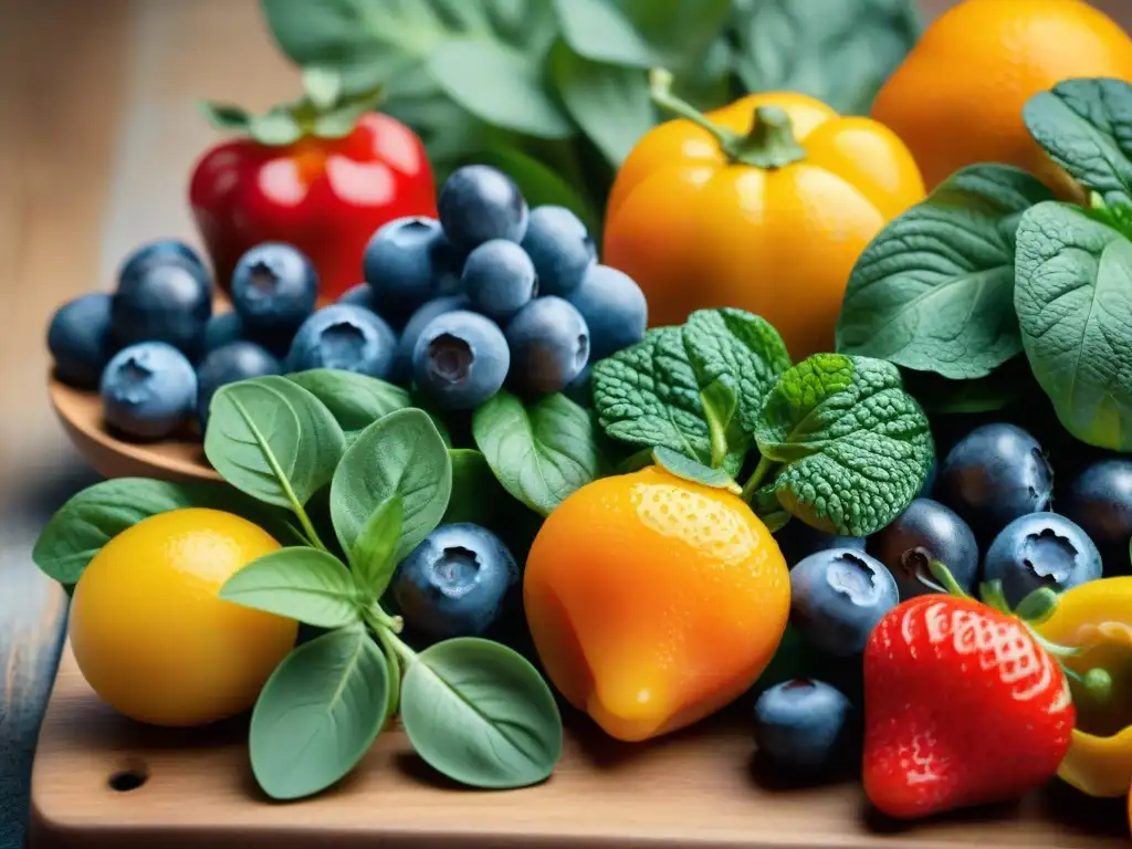 Una colorida variedad de frutas y verduras frescas en tabla de cortar de madera