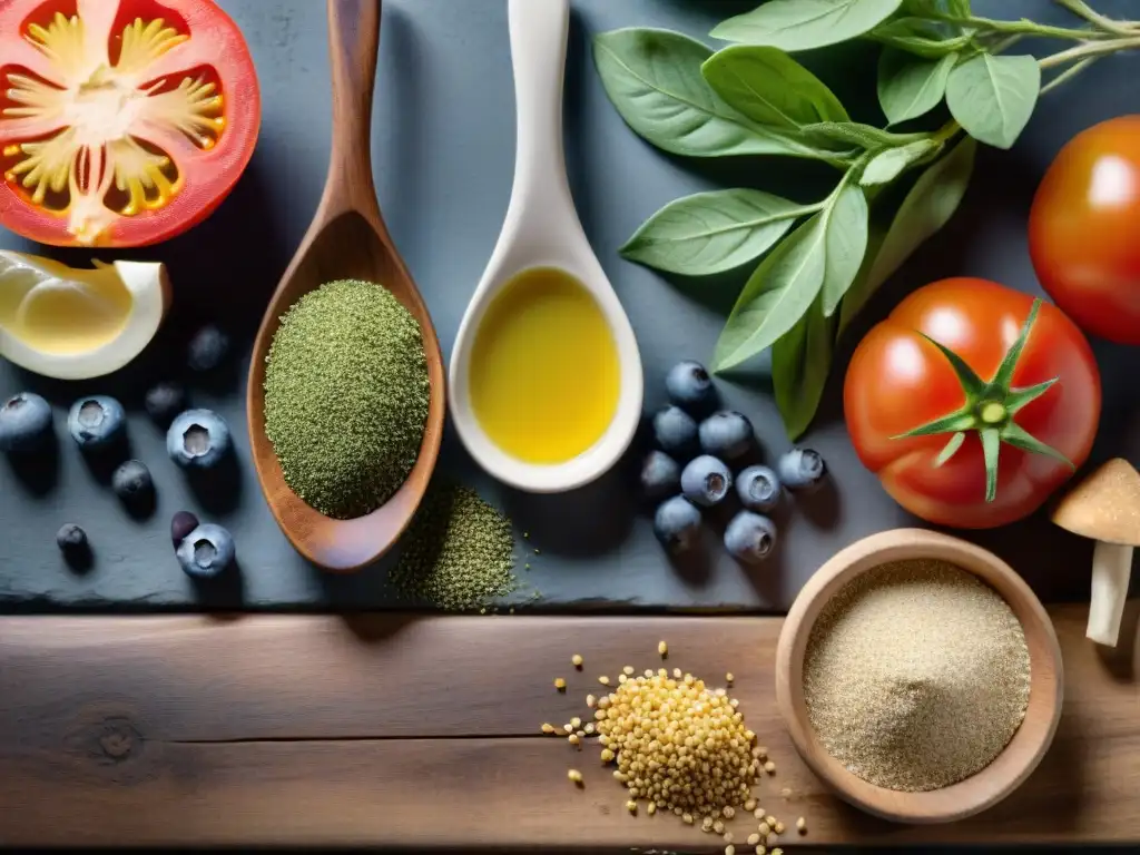 Ingredientes sin gluten: coloridos y frescos en mesa rústica Una colorida variedad de ingredientes sin gluten para cocinar, dispuestos artísticamente en una mesa rústica de madera