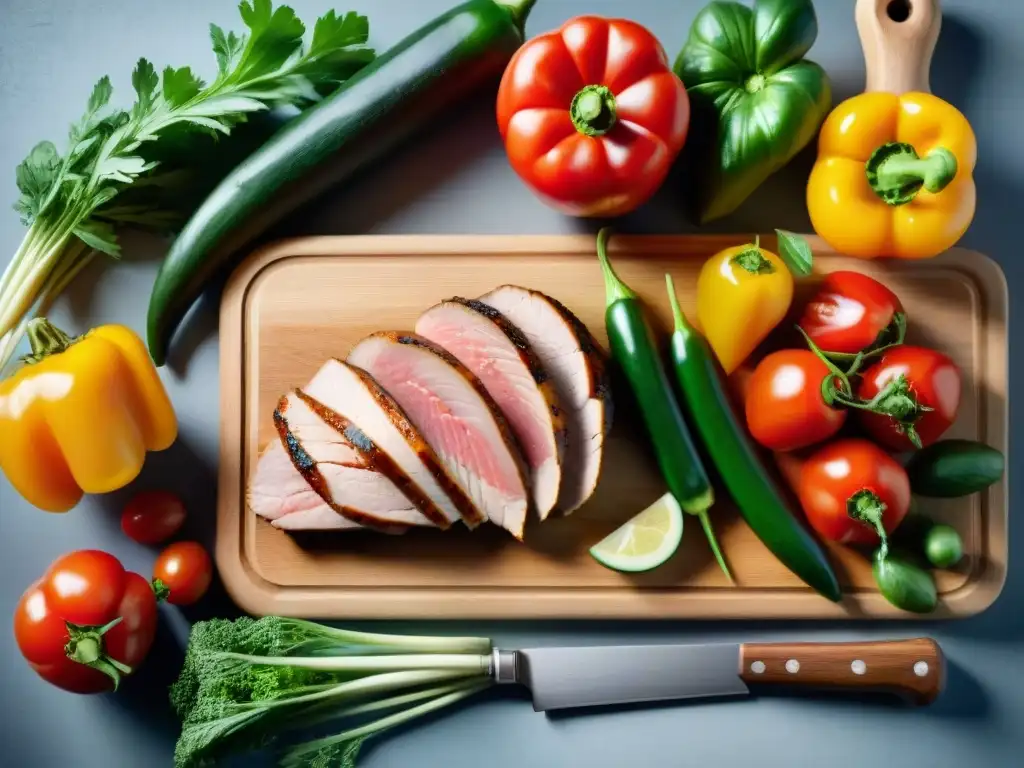 Una colorida variedad de vegetales y carnes en una tabla de cortar de madera, en una cocina rústica iluminada naturalmente