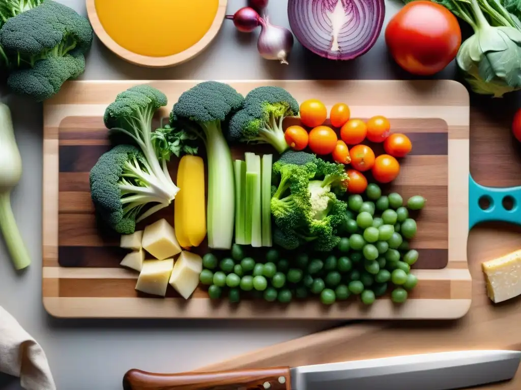 Una colorida variedad de vegetales cortados en una tabla de cortar sin gluten, mostrando soluciones culinarias creativas