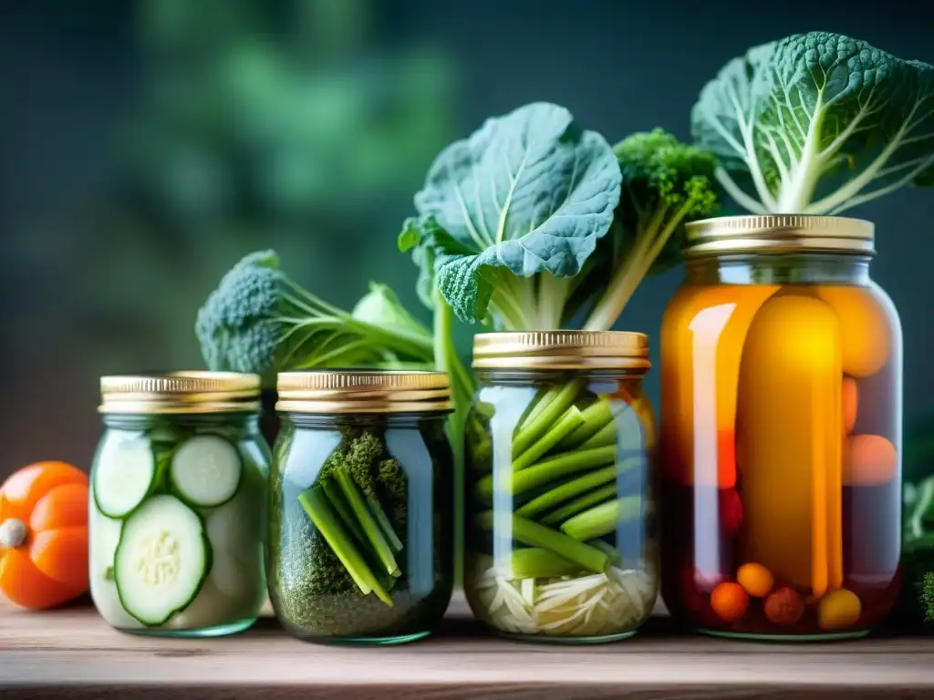 Una colorida variedad de vegetales fermentados en frascos de vidrio, en una mesa de madera rústica con hierbas frescas y especias