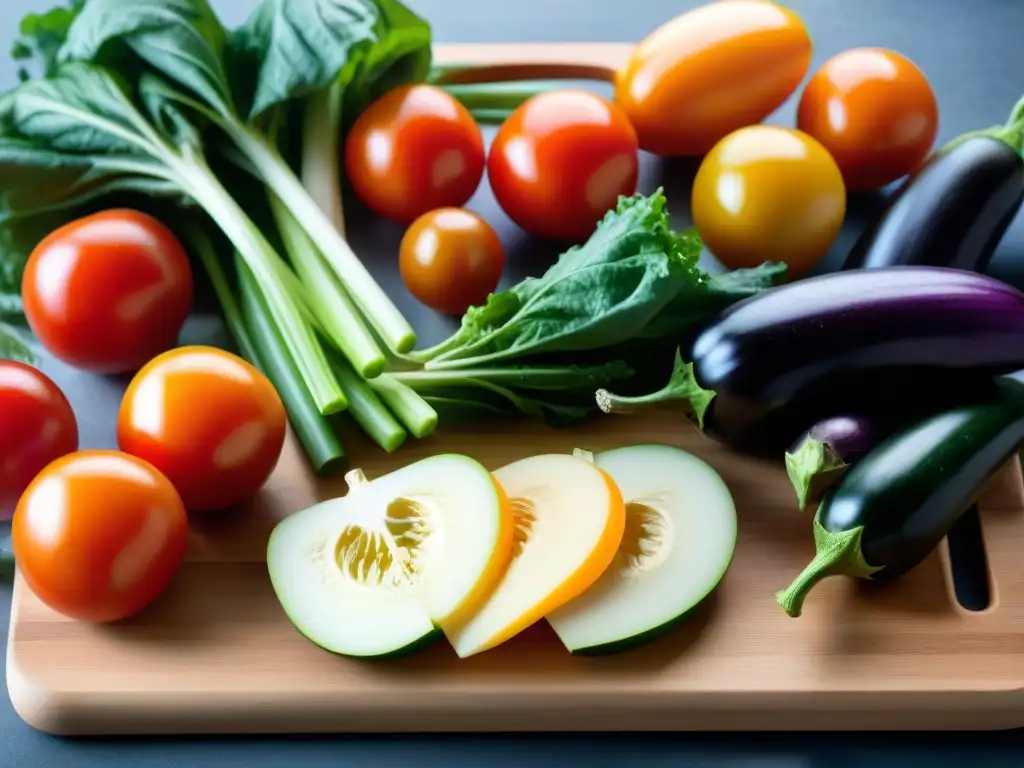 Colorida selección de vegetales frescos en tabla de cortar de madera