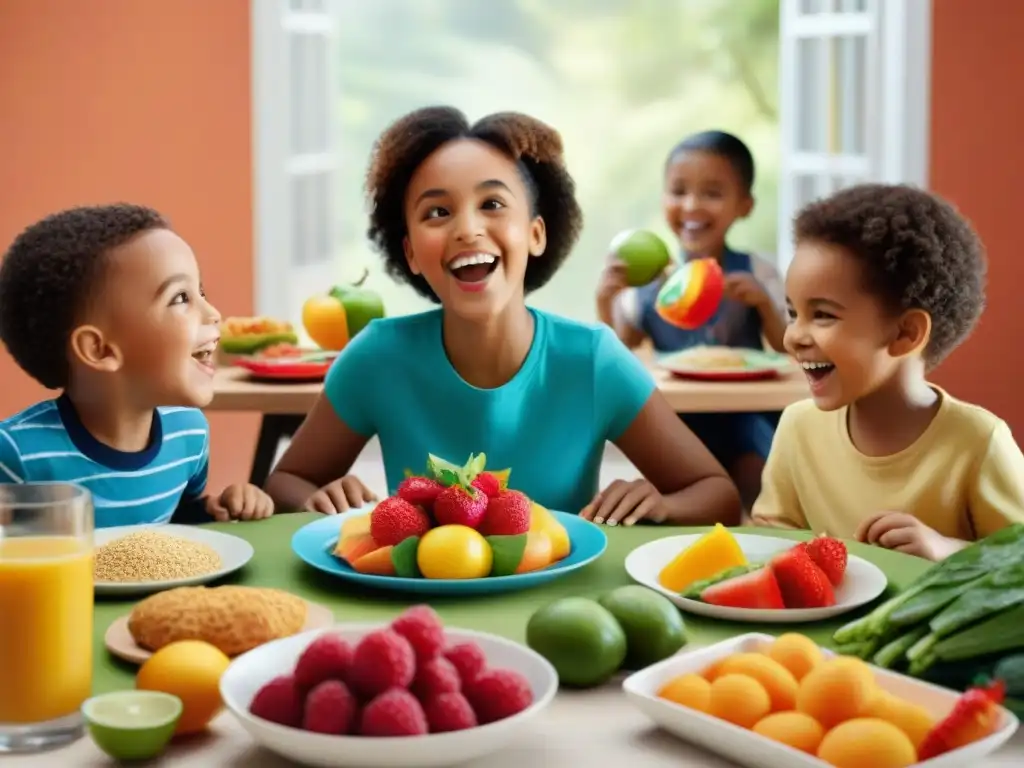 Un festín colorido: niños felices de diversas etnias disfrutan juntos de alimentos sin gluten