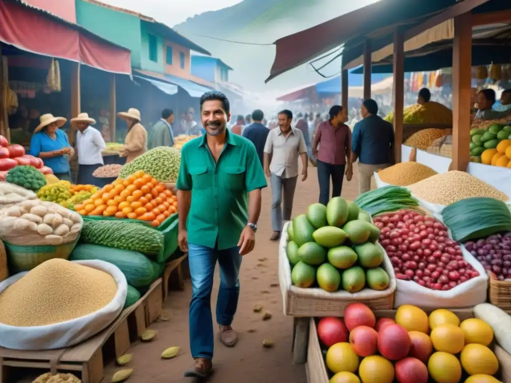 Un colorido mercado en Sudamérica, con productos sin gluten frescos y variados