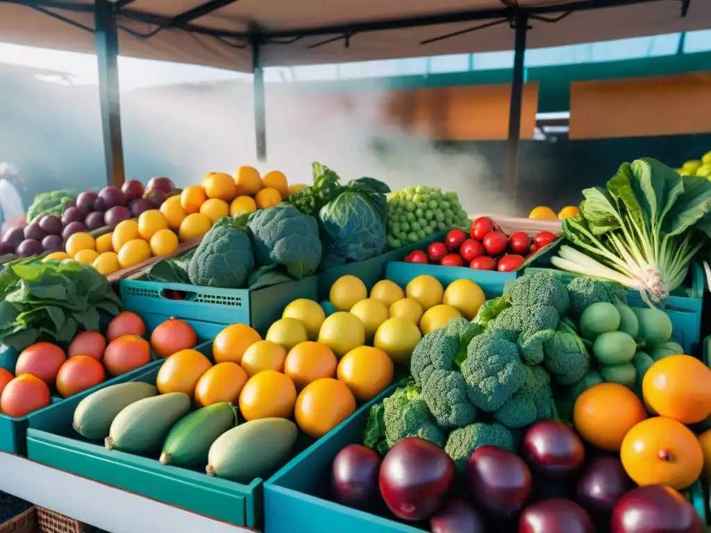 Mercado de Agricultores: Colorida Abundancia de Frutas y Verduras Frescas Colorido puesto de mercado con frutas y verduras frescas