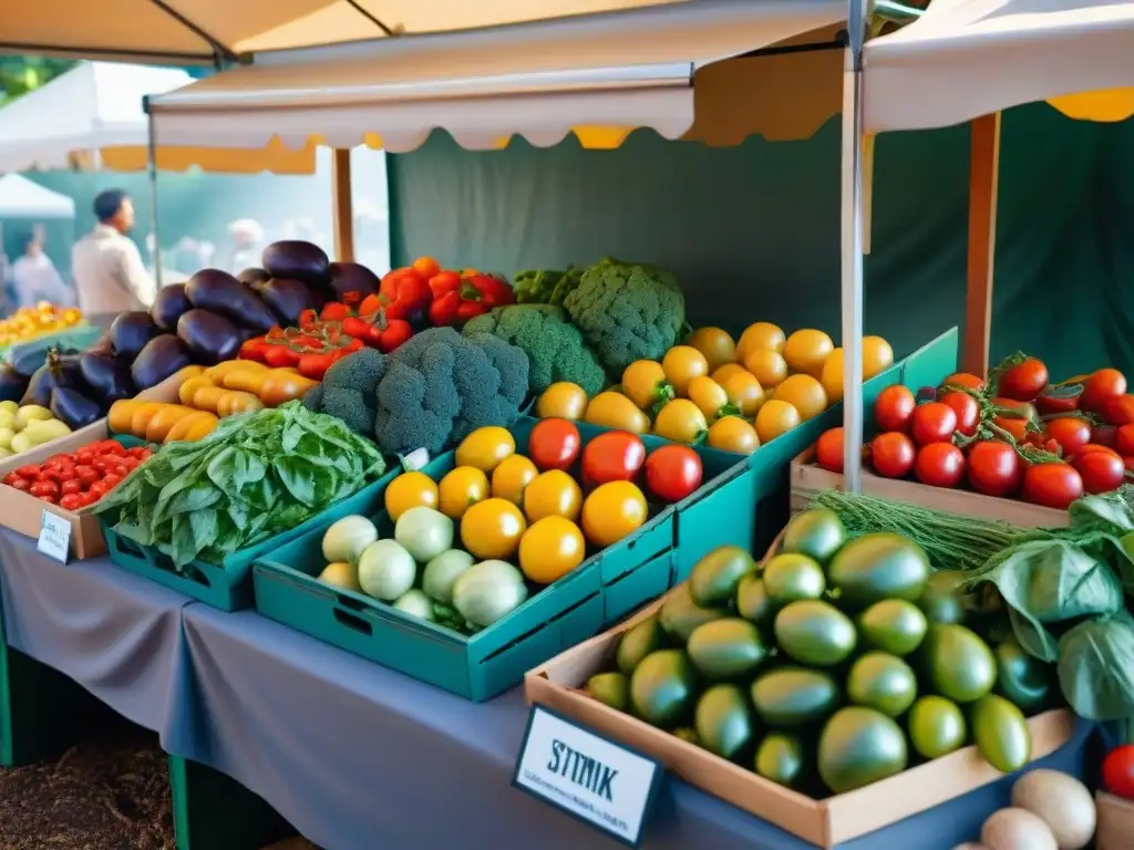 Un colorido puesto de mercado rebosante de frutas y verduras frescas bajo el sol, ideal para una dieta sin gluten baja carbohidratos