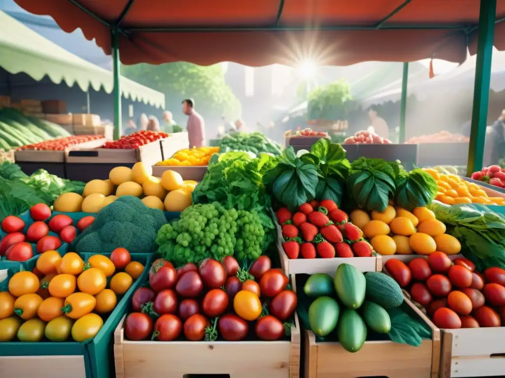 Un colorido puesto de mercado rebosante de frutas y verduras frescas de temporada