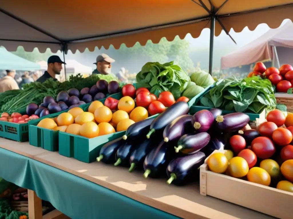 Un colorido puesto de mercado rebosante de frutas y verduras de temporada