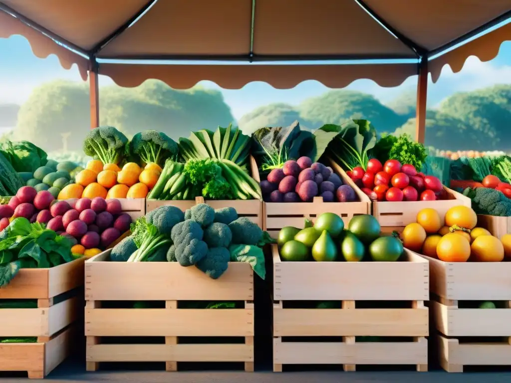 Un colorido puesto de mercado rebosante de frutas y verduras orgánicas, brindando frescura y abundancia