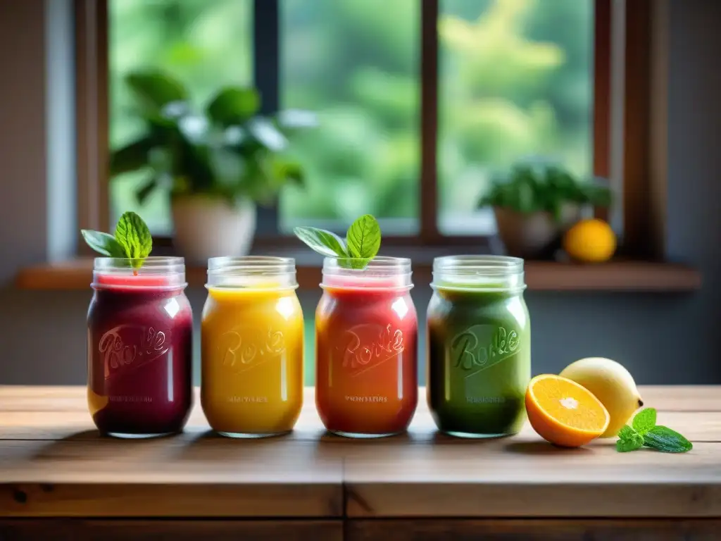 Coloridos batidos sin gluten para perder peso en frascos sobre mesa rústica, con frutas frescas y semillas, luz natural