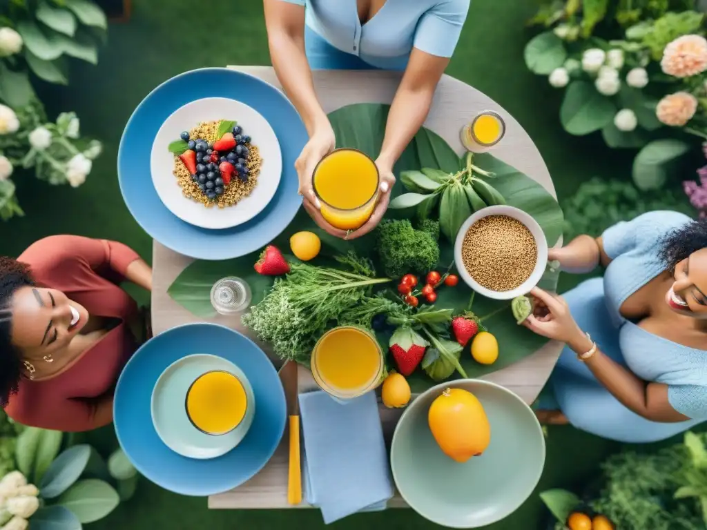 Una comida al aire libre con amigos diversos riendo y disfrutando, compartiendo beneficios de una dieta sin gluten y fortaleciendo relaciones