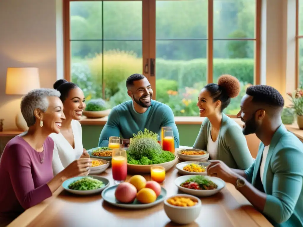 Una comida alegre y variada entre personas diversas en un comedor acogedor con vista a un jardín vibrante