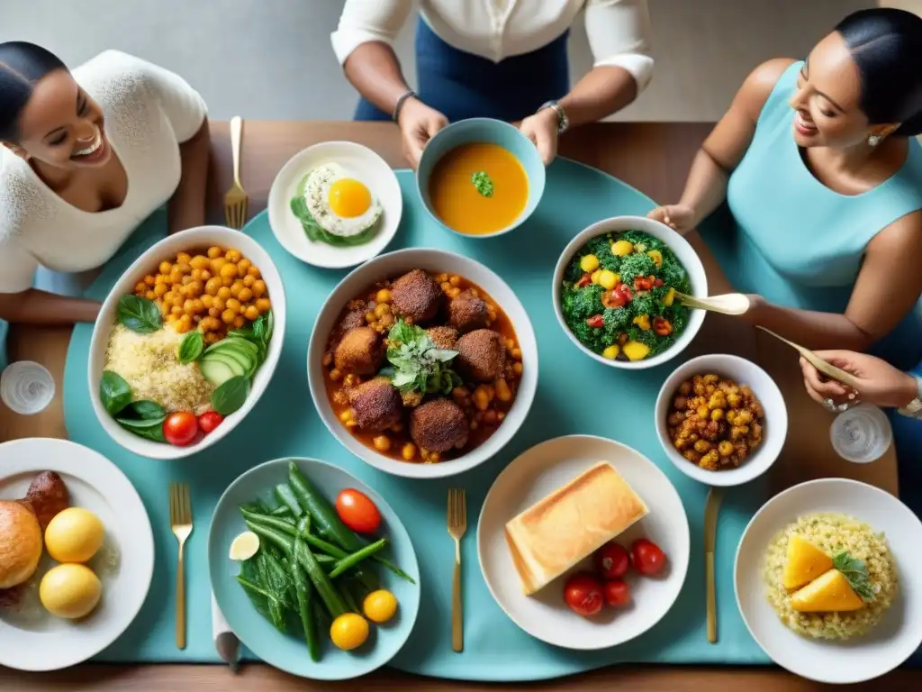 Una comida familiar cálida y diversa en una mesa bellamente decorada con platos coloridos y deliciosos, destacando recetas tradicionales sin gluten