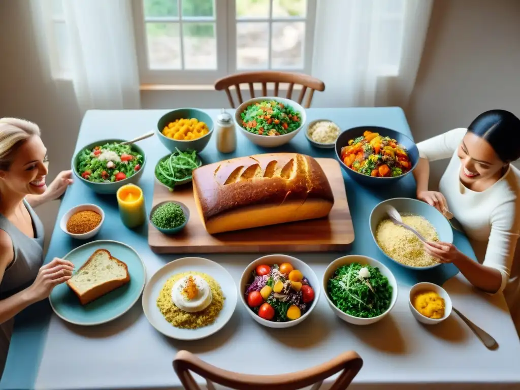 Una comida sin gluten deliciosa y diversa, evitando errores en las harinas, reunida alrededor de una mesa acogedora