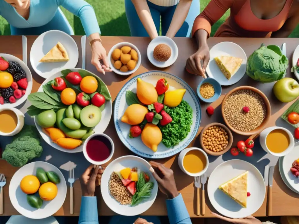 Una comida sin gluten equilibrada, llena de color y alegría compartida por un grupo diverso de personas sonrientes