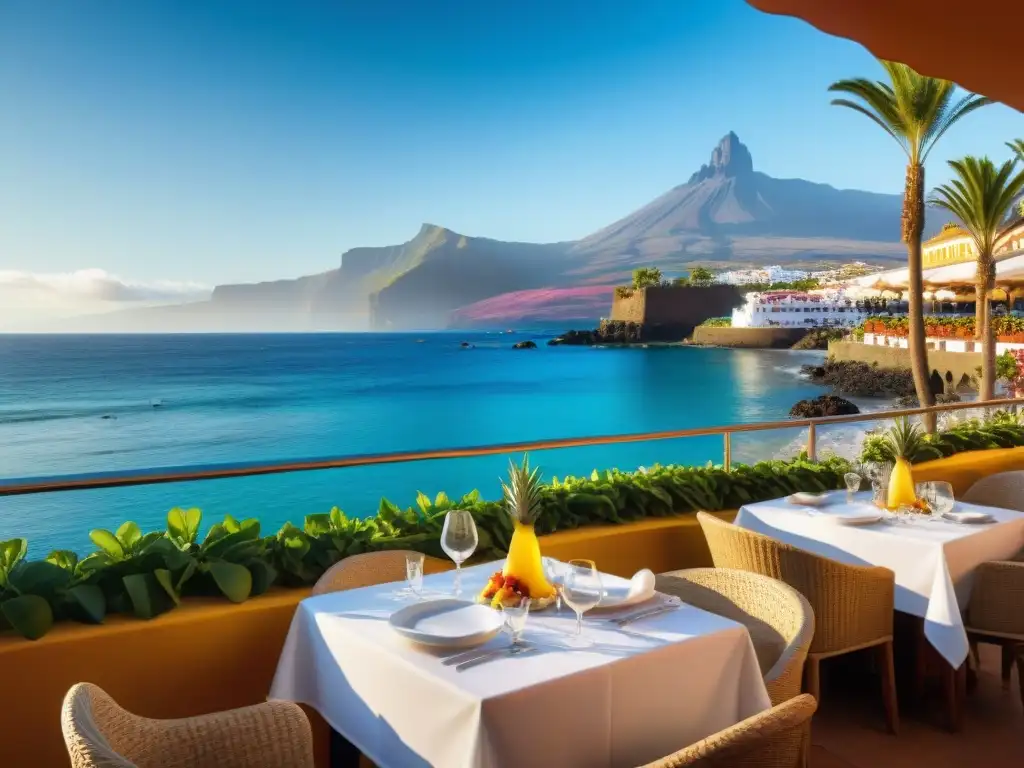 Disfrute de una comida sin gluten en un restaurante frente al mar en Tenerife, con platos coloridos y frutas tropicales