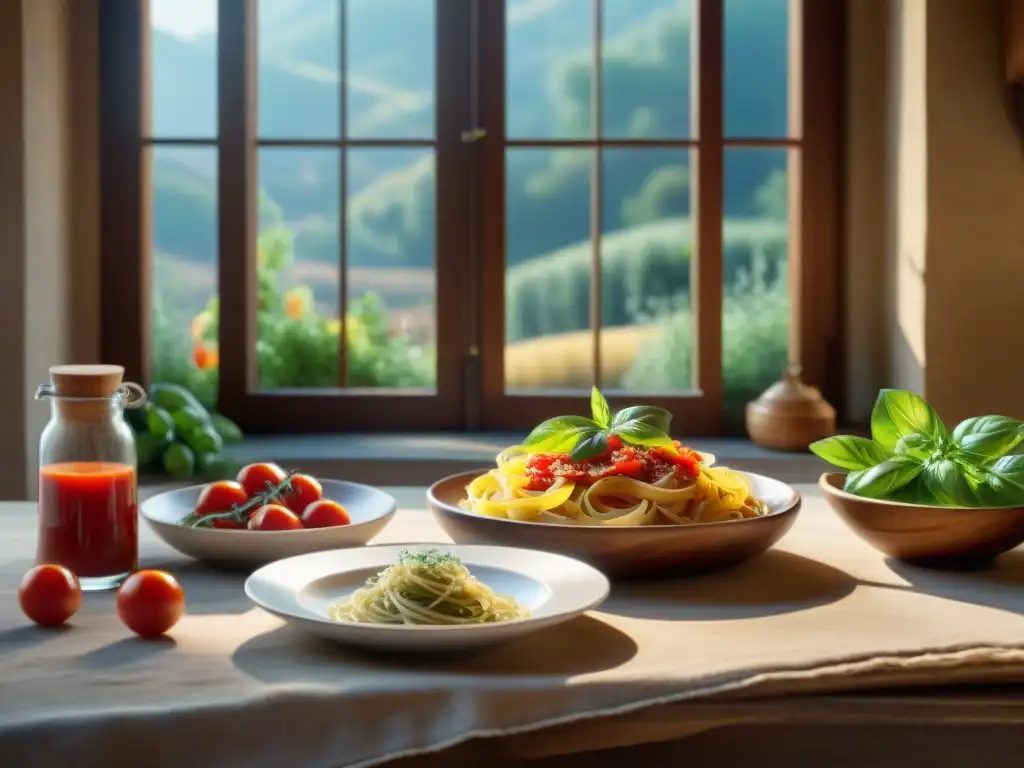 Una comida italiana sin gluten: mesa de madera con platos de pasta fresca, salsas de tomate, hierbas y pan recién horneado