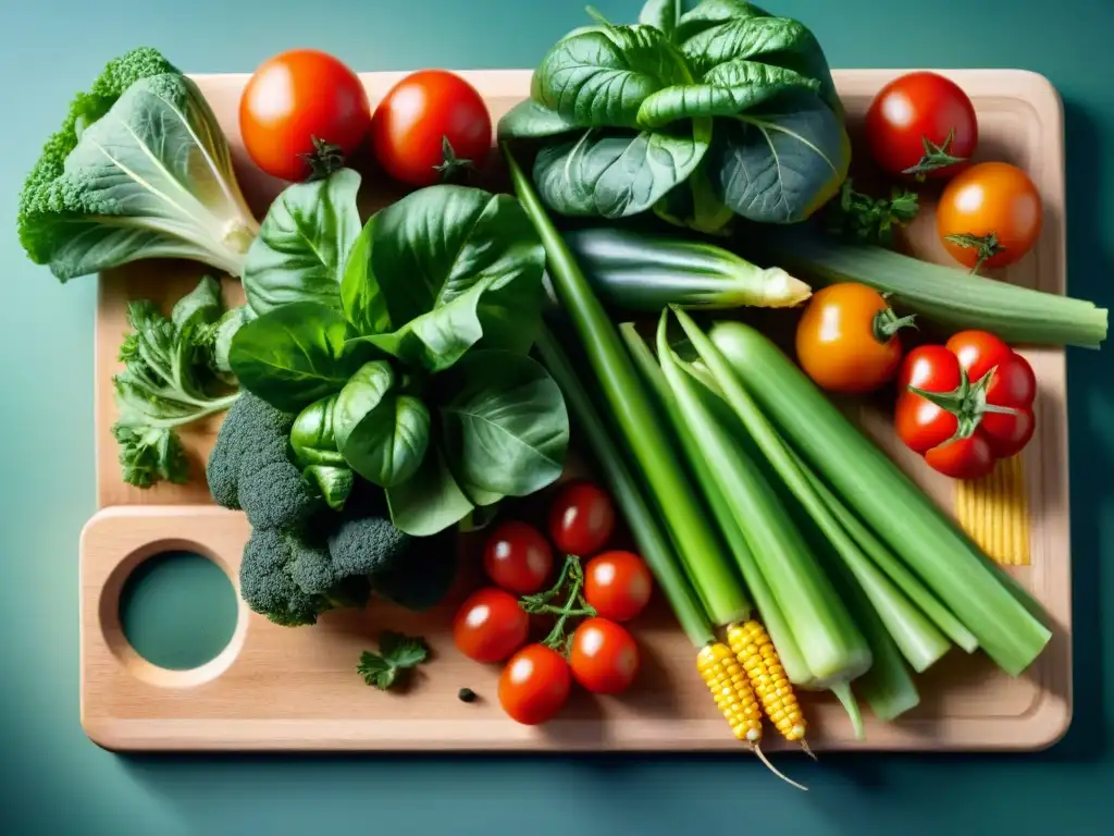 Comida rápida sin gluten saludable: Variedad de vegetales frescos y coloridos sobre tabla de madera al sol