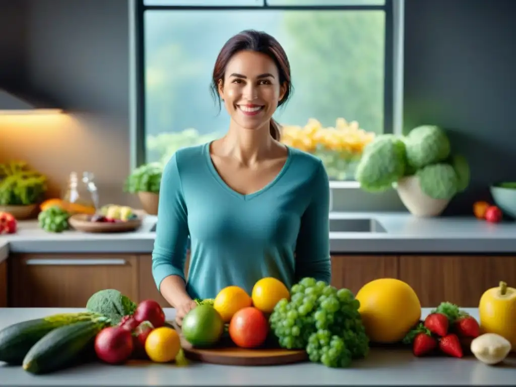 Disfrutando de una comida saludable y colorida en una cocina luminosa, promoviendo la dieta sin gluten para la salud mental