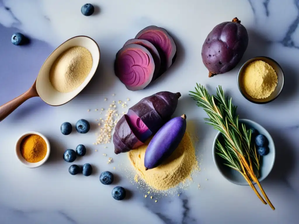 Arreglo artístico de ingredientes sin gluten en mármol Una composición armoniosa de ingredientes sin gluten en una encimera de mármol