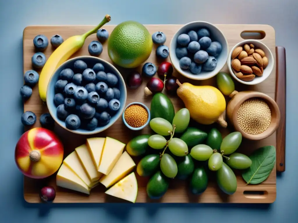 Una composición artística de frutas, verduras y frutos secos coloridos en una tabla de madera