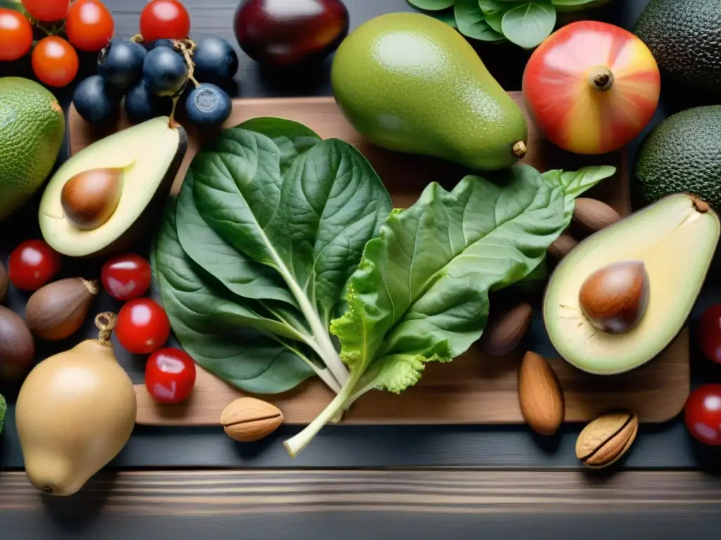 Deliciosos alimentos frescos para dieta Paleo y Keto Una composición artística de frutas y verduras coloridas en una mesa de madera rústica