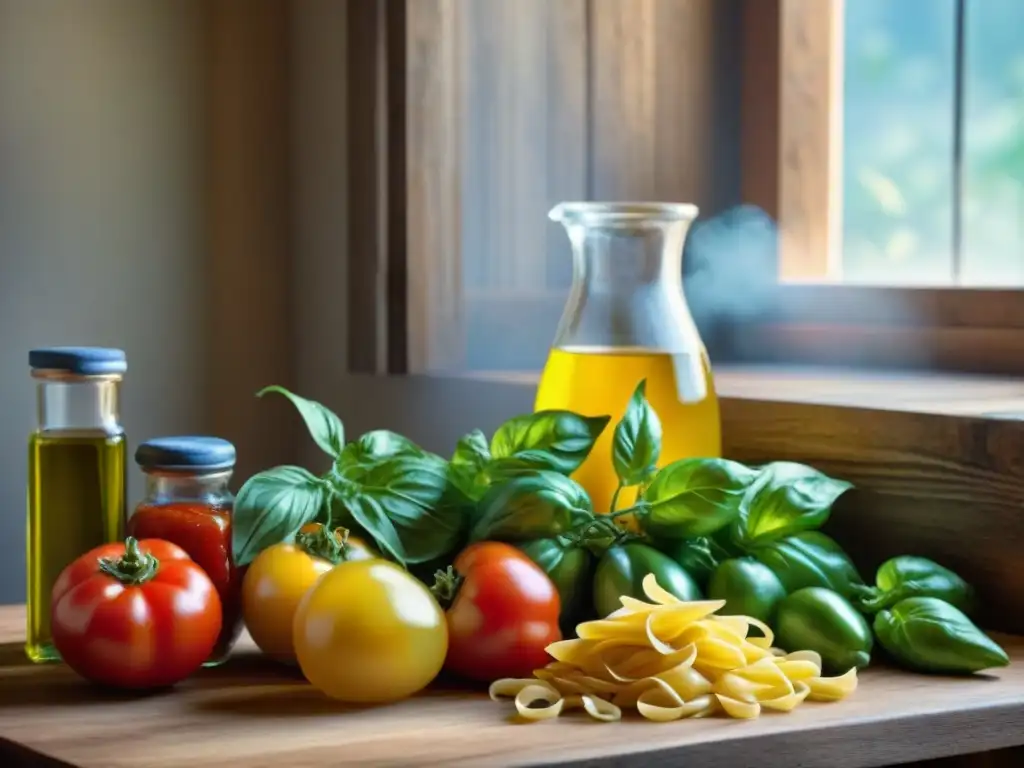 Una composición artística de ingredientes tradicionales italianos sin gluten en una cocina rústica