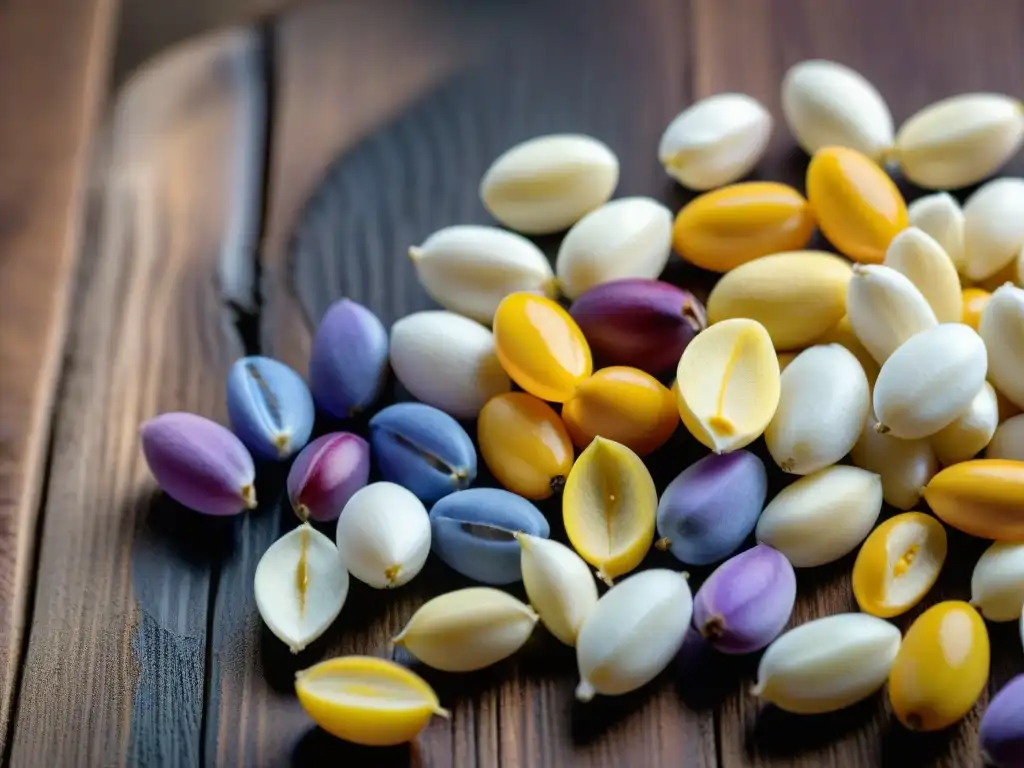 Una composición artística de variados lupinos en tonos amarillo, blanco y morado sobre fondo de madera rústica