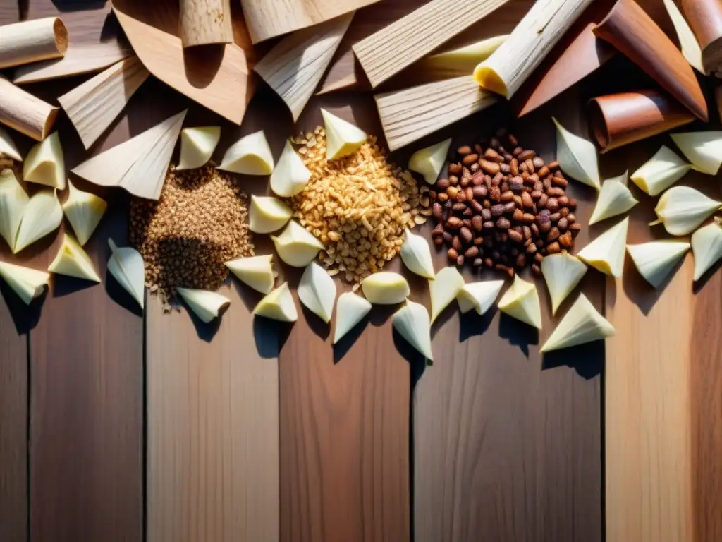 Una composición artística de virutas de madera para ahumar sin gluten, mostrando colores y texturas naturales en una mesa de madera