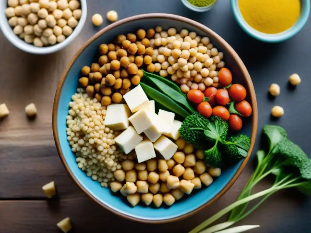 Una composición colorida de proteínas vegetales sin gluten, como quinoa, lentejas, garbanzos y tofu, en una mesa rústica de madera