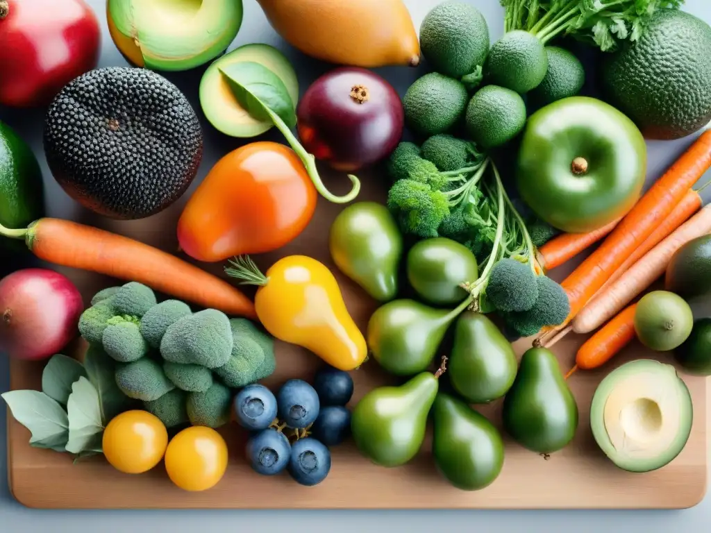 Una composición detallada de frutas y verduras coloridas en tabla de madera