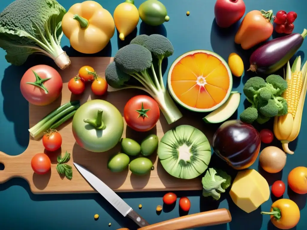 Una composición detallada de frutas y verduras coloridas, frescas y brillantes sobre tabla de madera, bañadas por la luz del sol