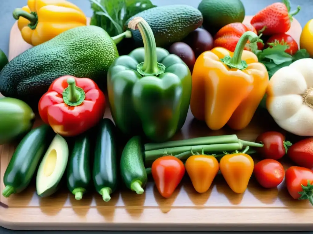 Una composición detallada de frutas y verduras frescas en una tabla de madera, ideal para la planificación menús semanales sin gluten