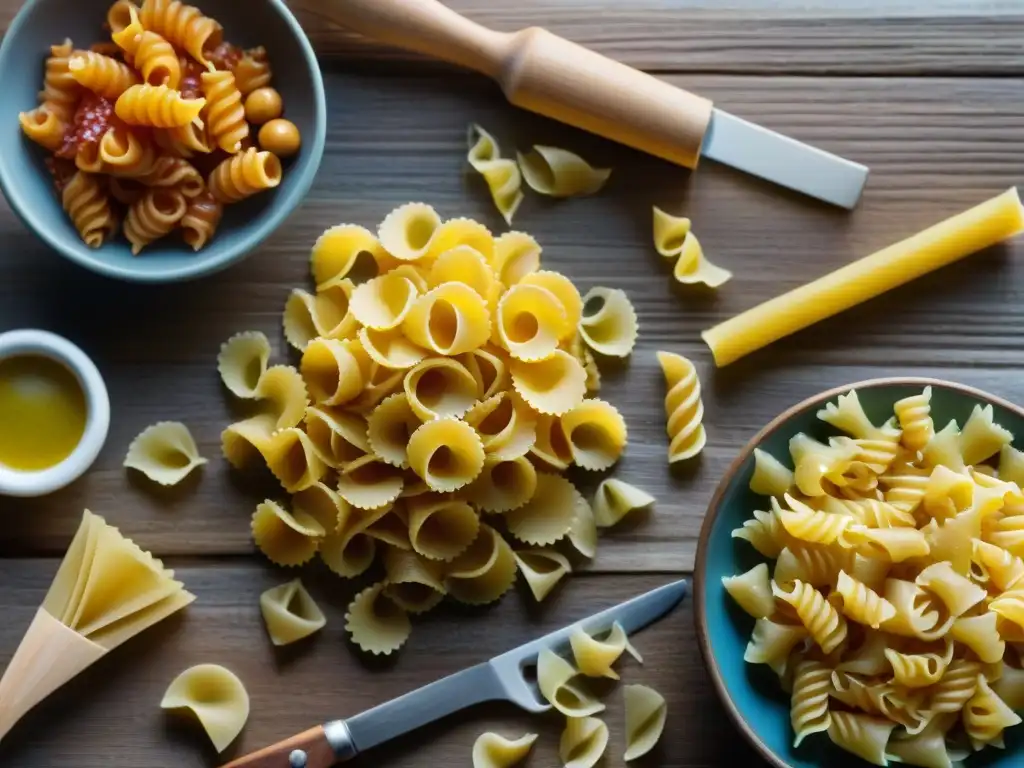 Una composición elegante de variedad de pasta sin gluten sobre mesa rústica de madera, con texturas y colores vibrantes