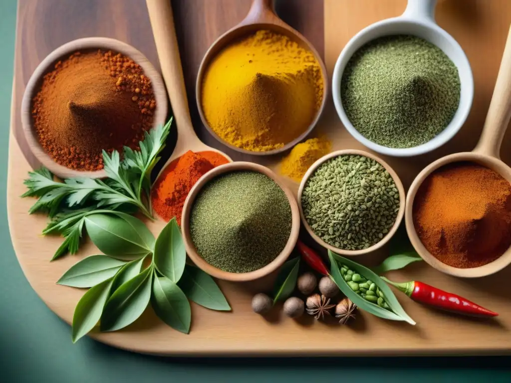 Una composición de especias coloridas en tabla de cortar de madera: paprika roja, cúrcuma dorada, cilantro verde, comino y canela