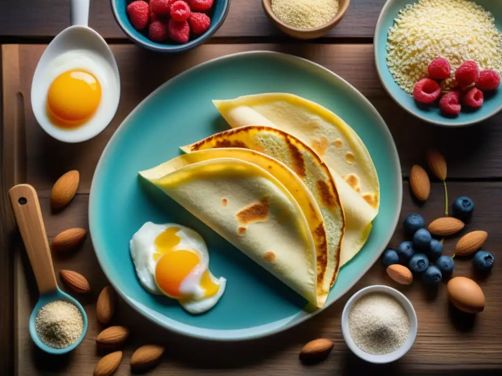 Una composición visualmente impresionante de ingredientes sin gluten para recetas crepes y tortillas, sobre una mesa rústica de madera