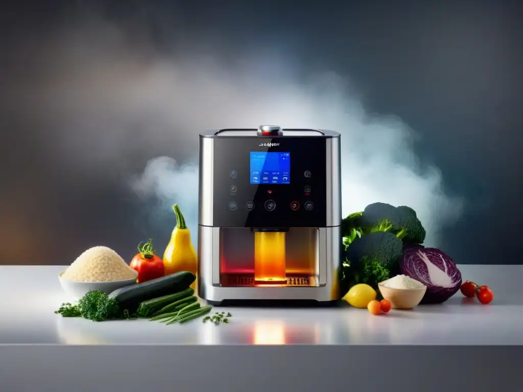 Una composición visualmente impresionante de una moderna máquina sousvide rodeada de vibrantes ingredientes sin gluten