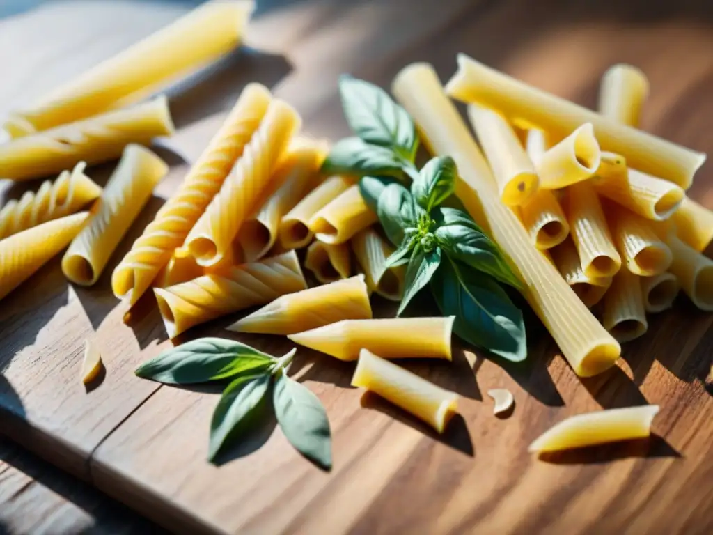 Una composición de pastas sin gluten en una mesa rústica con hierbas frescas, ideal para 'Harinas sin gluten para pastas'