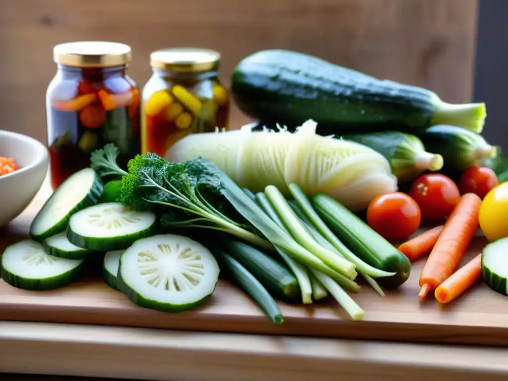 Una composición de vegetales fermentados coloridos en una tabla de cortar de madera, con burbujas de fermentación