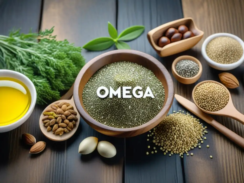 Una composición vibrante de alimentos veganos ricos en omega3 sobre una mesa de madera rústica