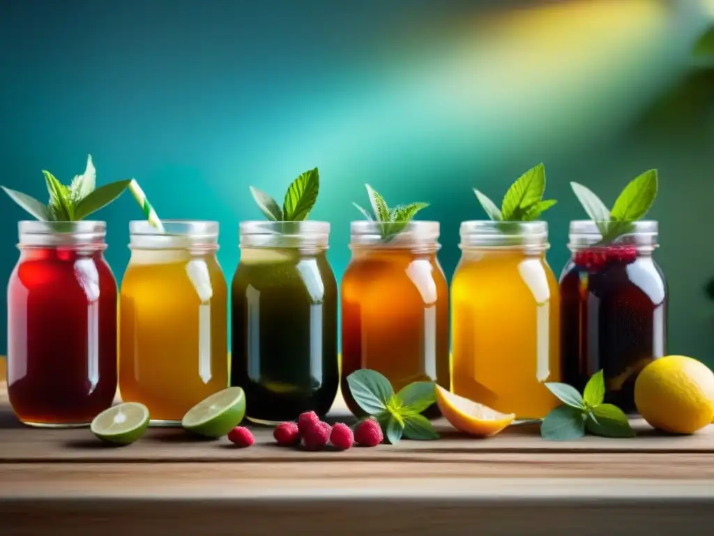 Una composición vibrante de frutas, hierbas y especias para recetas kombucha sin gluten innovadoras, con luz suave iluminando los ingredientes frescos