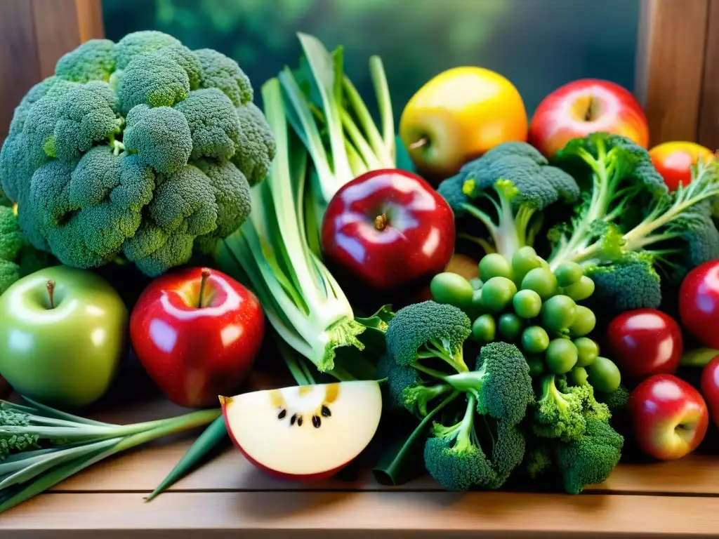 Una composición vibrante de frutas y verduras frescas en una mesa de madera, resaltando colores y texturas