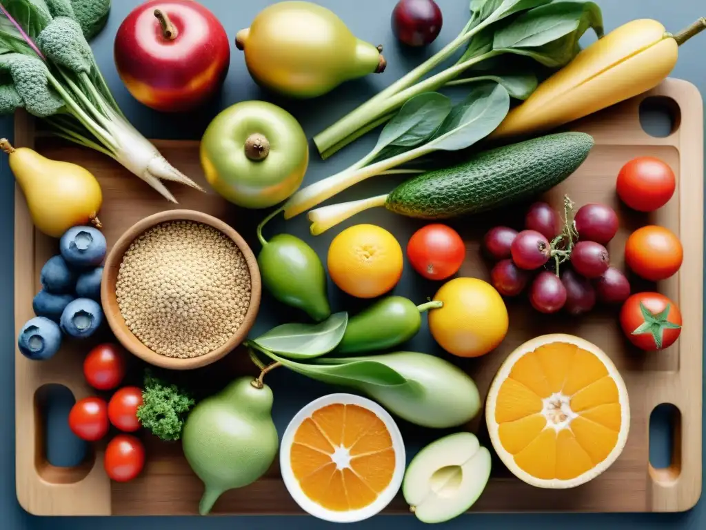 Una composición vibrante de frutas, verduras y granos en una tabla de madera, reflejando una dieta FODMAP baja en gluten