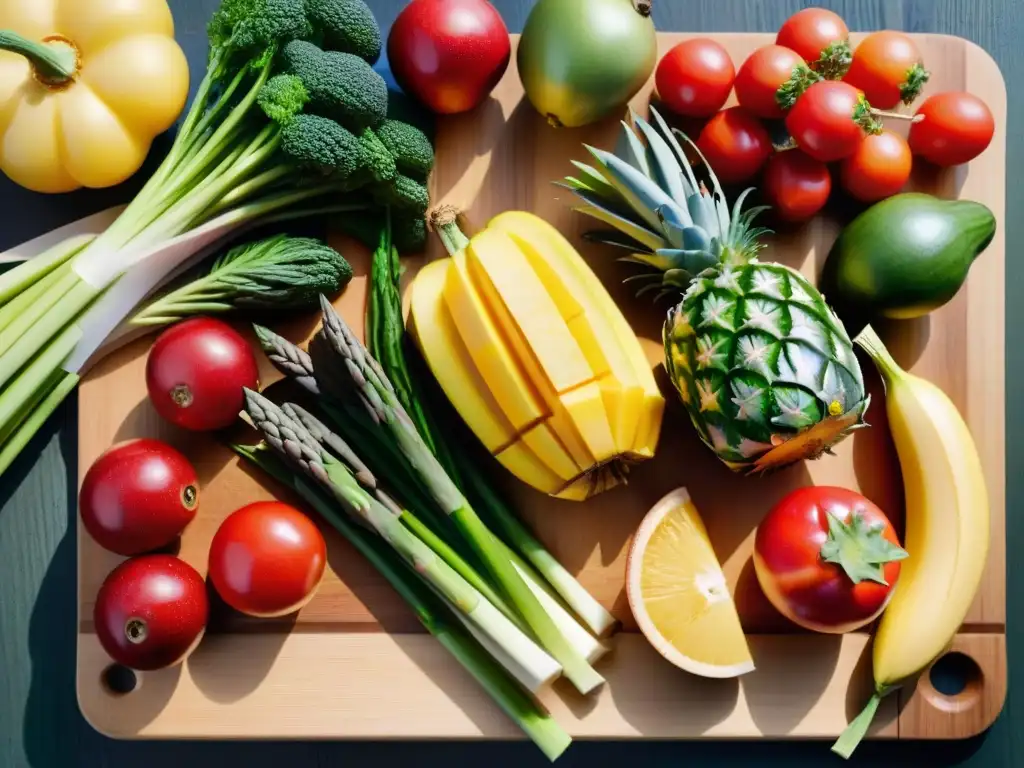 Una composición vibrante de frutas y verduras frescas en una tabla de madera, evocando una dieta FODMAP baja en gluten