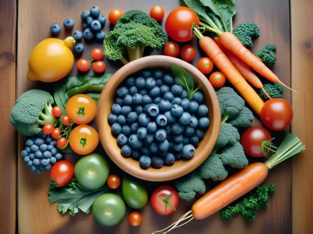 Una composición vibrante de frutas y verduras frescas en una mesa de madera