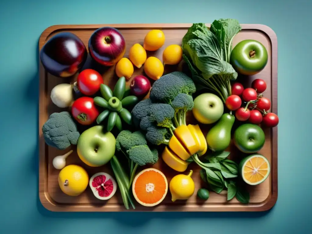 Una composición vibrante de frutas y verduras en una tabla de cortar de madera, mostrando detalles y texturas ricos